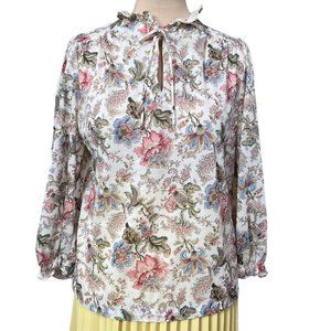 70s Vintage Lady Winn Semi Sheer Blue Pink White Floral Boho Tie Neck Blouse 2X